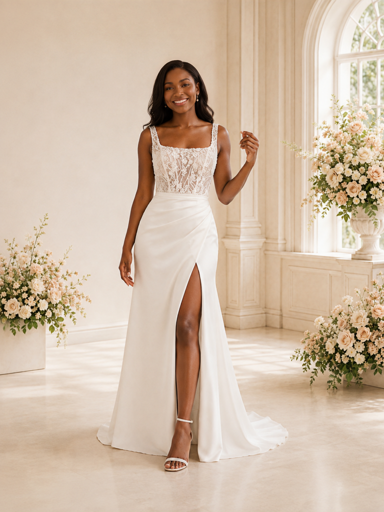 ChicSew Elegant Crepe Square Neck Side Slit Maxi Long Wedding Dress With Applique