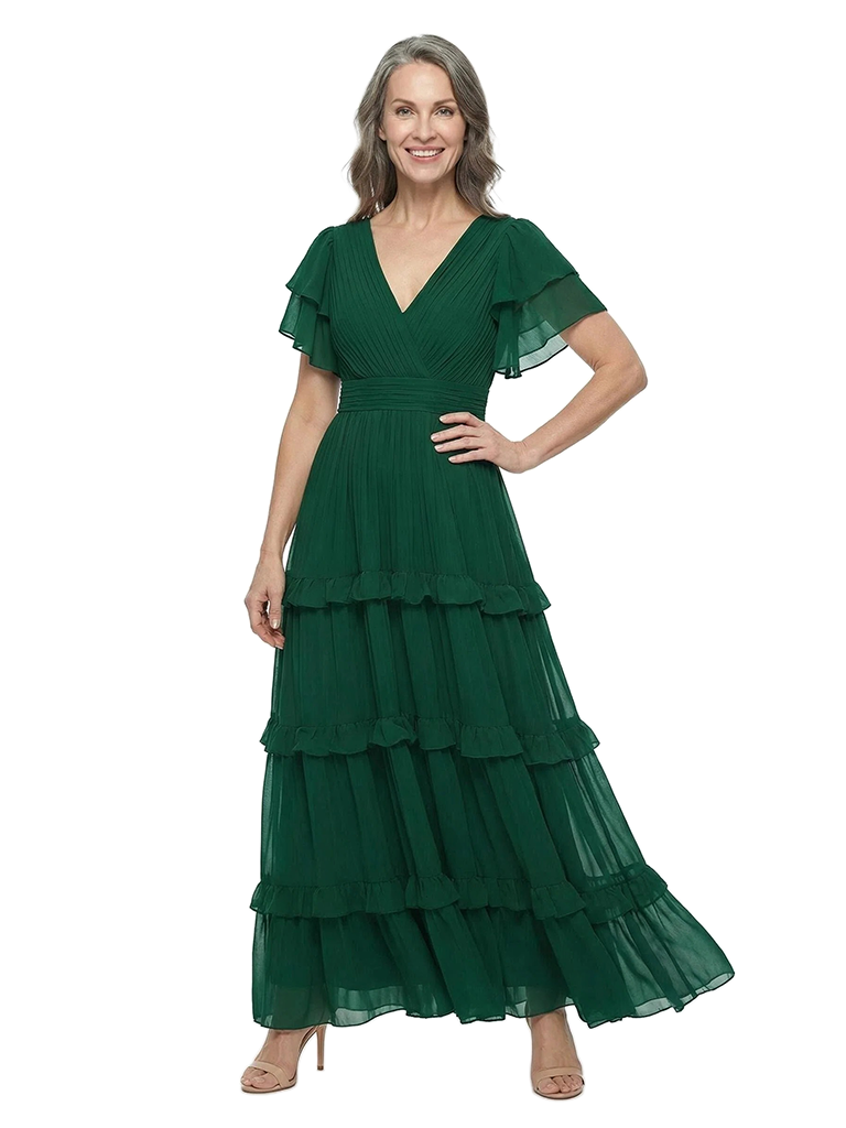 ChicSew V-Neck Flutter Sleeve Tiered Ruffle Long Chiffon Mother of the Bride Dresses