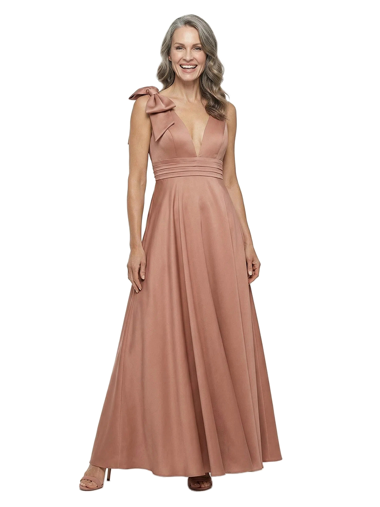 ChicSew Classy Bow Shoulder V-Neck Soft Satin A-Line Mother Of The Groom Dresses Long Maxi Sleeveless Gown