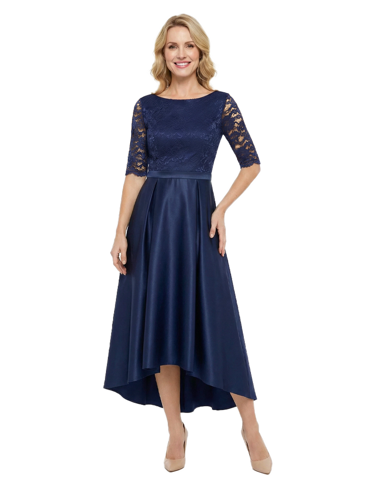 Chicsew Elegant Mother Of The Bride Dress Half Sleeves Lace Satin High-Low A-Line Gown