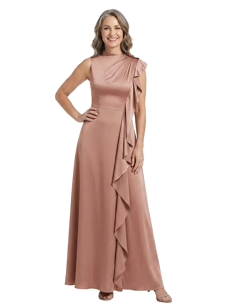 ChicSew Fancy High Neck Ruffles Ruched A-Line Satin Mermaid Mother Of The Groom Evening Gowns