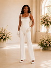 ChicSew Fancy Spaghetti Straps Square Neck Rhinestone Crepe Floor-Length Wedding Jumpsuit
