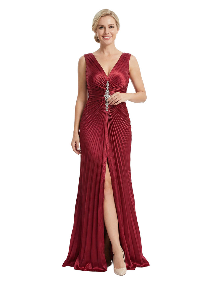 Chic Mother of The Groom Satin Gown Sleeveless Deep V-Neck Floor-Length With Crystal Accent Formal Wedding Attire for Moms