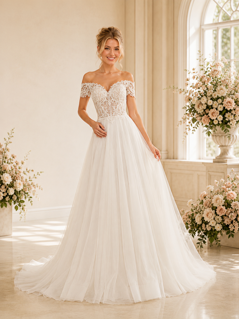 ChicSew Beautiful Elegant Off The Shoulder Lace Tulle A-Line Long Wedding Dress Online