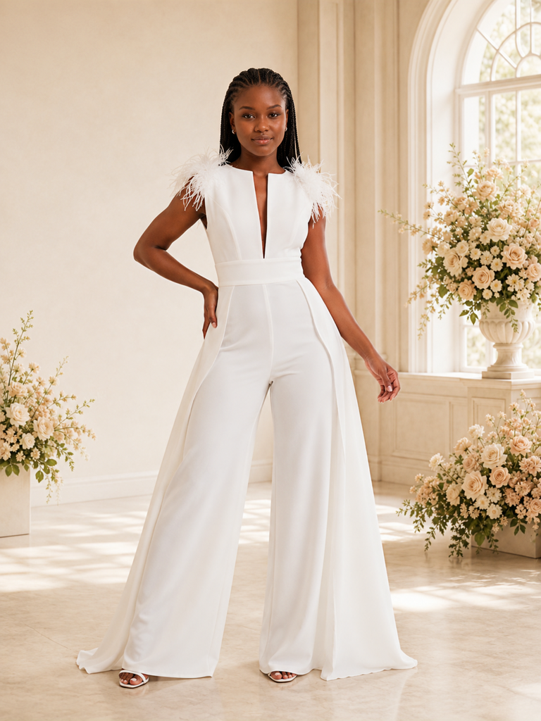 ChicSew Unique V-Neck Crepe Sleeveless Floor-Length Wedding Jumpsuit
