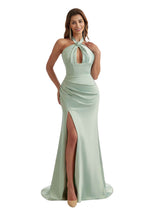 Sexy Side Split V-Neck Mermaid Ruched Satin Long Bridesmaid Dresses Slit Online