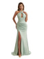 Sexy Side Split V-Neck Mermaid Ruched Satin Long Bridesmaid Dresses Slit Online