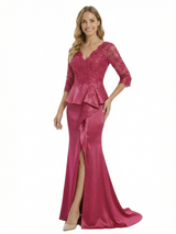 Chicsew Fancy Mother Of The Bride Dress V-Neck Lace 3/4 Sleeves Mermaid Satin Ruffled Formal Gown