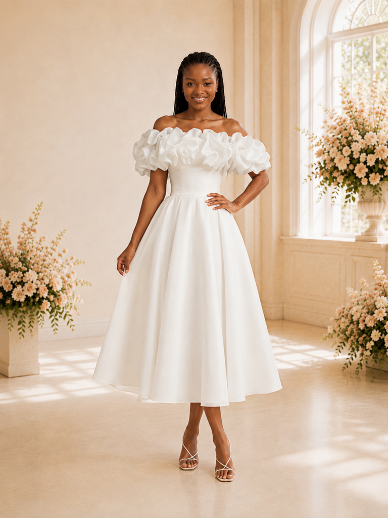 ChicSew Fancy Off The Shoulder A-Line Satin Tea-Length Wedding Dress