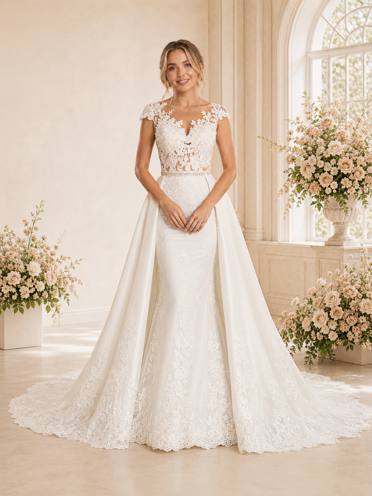 Chicsew Fancy Illusion Cap Sleeves Mermaid Lace Appliques Floor-Length Wedding Dress