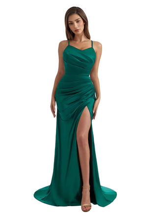 Sexy Mermaid Silky Satin Side Slit Long Bridesmaid Dresses Online Spaghetti Straps