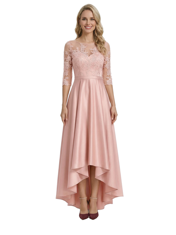 Chicsew Elegant Jewel Lace 3/4 Sleeves Satin High-Low A-Line Mother Of The Bride Dress