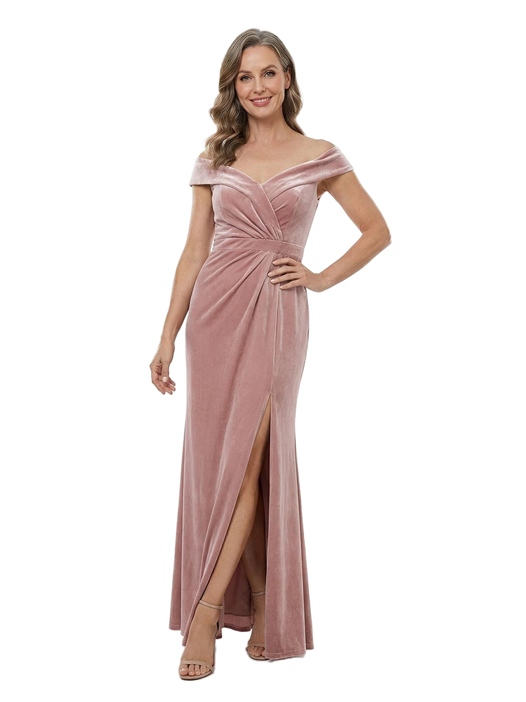 Chicsew Sophisticated Off Shoulder Ruched Side Slit Velvet Floor-Length Mother Of The Groom Dress