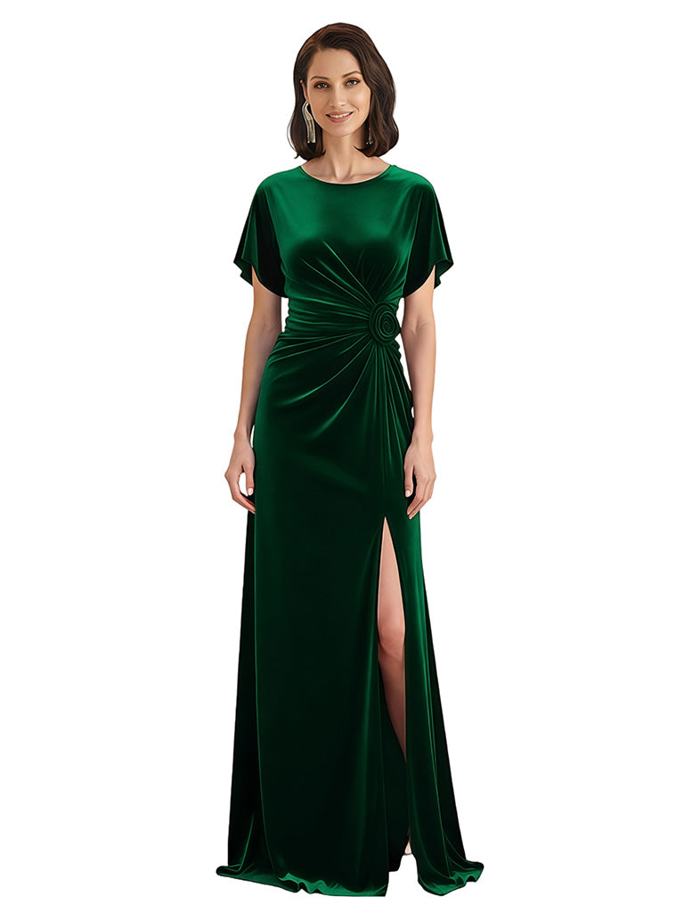 Elegant Jewel Short Sleeves Side Slit A-line Velvet Long Mother of The Dresses