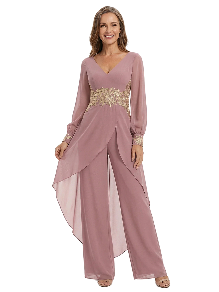 ChicSew Long Sleeves Jumpsuit For Mother Of The Bride V-Neck Lace Chiffon Pant Suit