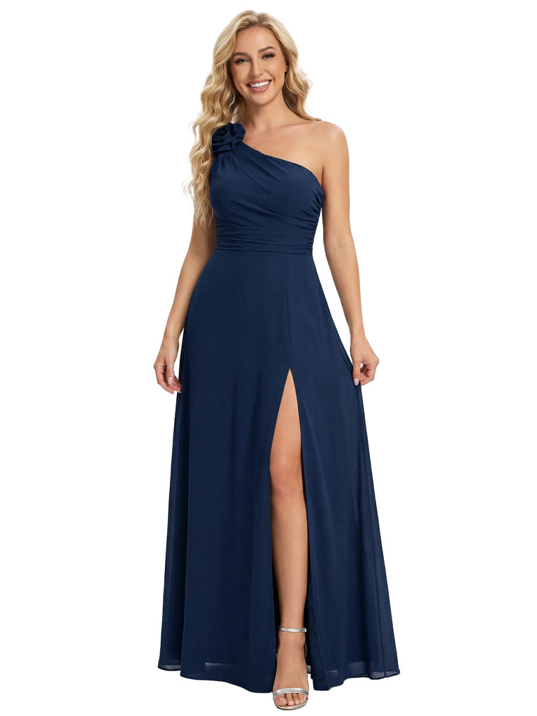 Elegant One Shoulder Side Slit Chiffon Mother Of The Bride Gown Formal Wedding Attire
