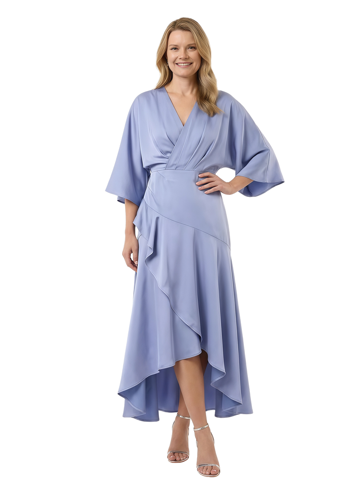 Chicsew Unique V-Neck A-Line 3/4 Sleeves Satin Mother Of The Groom Dresses