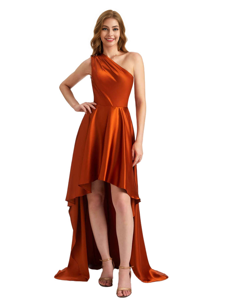 Elegant One Shoulder High Low Satin Ruched Bridesmaid Dresses Online