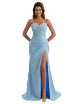 Gorgeous Strapless Sweetheart Lace Mermaid Satin Long Bridesmaid Dresses Side Slit