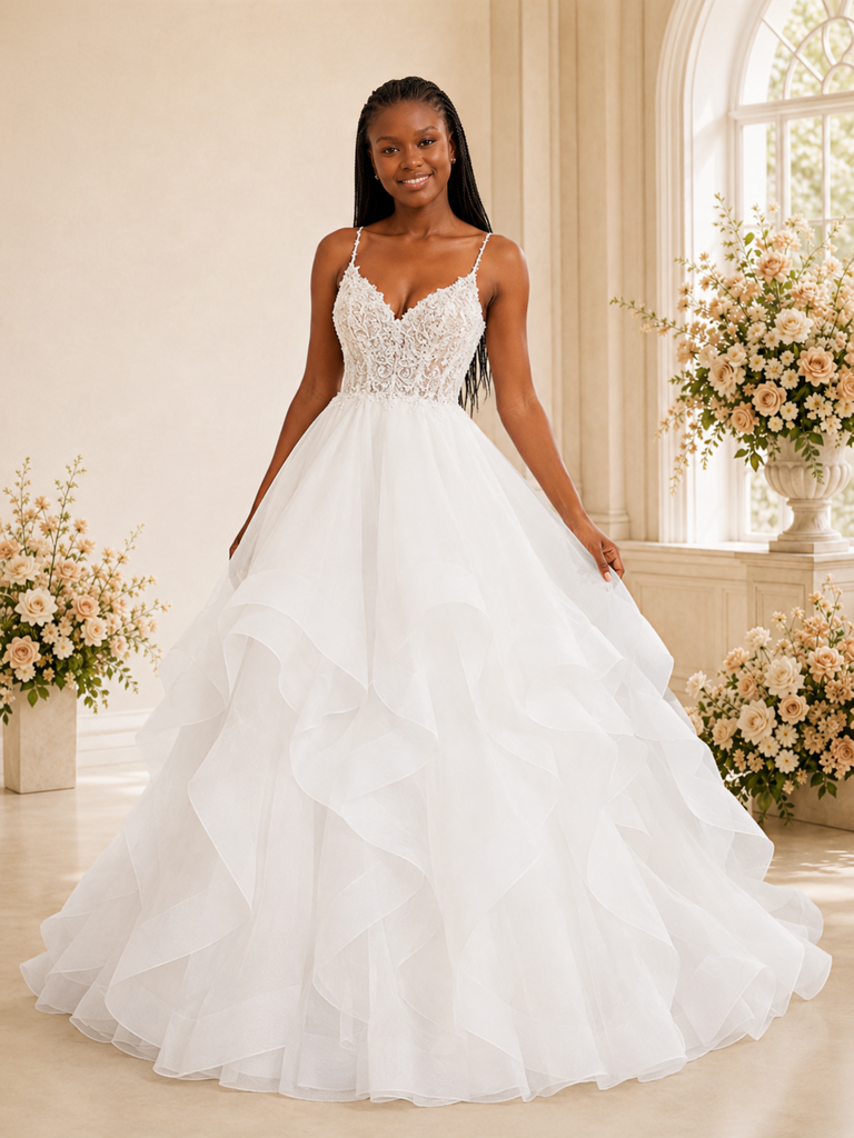 ChicSew Fancy Spaghetti Straps Lace Applique Ruffled Tulle A-Line Maxi Long Wedding Dress