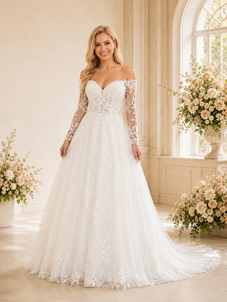 ChicSew Elegant A-Line Lace Applique Tulle Strapless Long Sleeves Maxi Wedding Dress With Long Train
