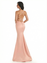 Sexy Spaghetti Straps Lace Up Back Silky Satin Mermaid Long Formal Dresses