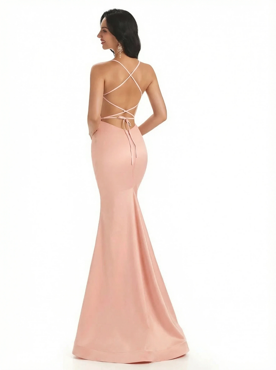 Sexy Spaghetti Straps Lace Up Back Silky Satin Mermaid Long Formal Dresses