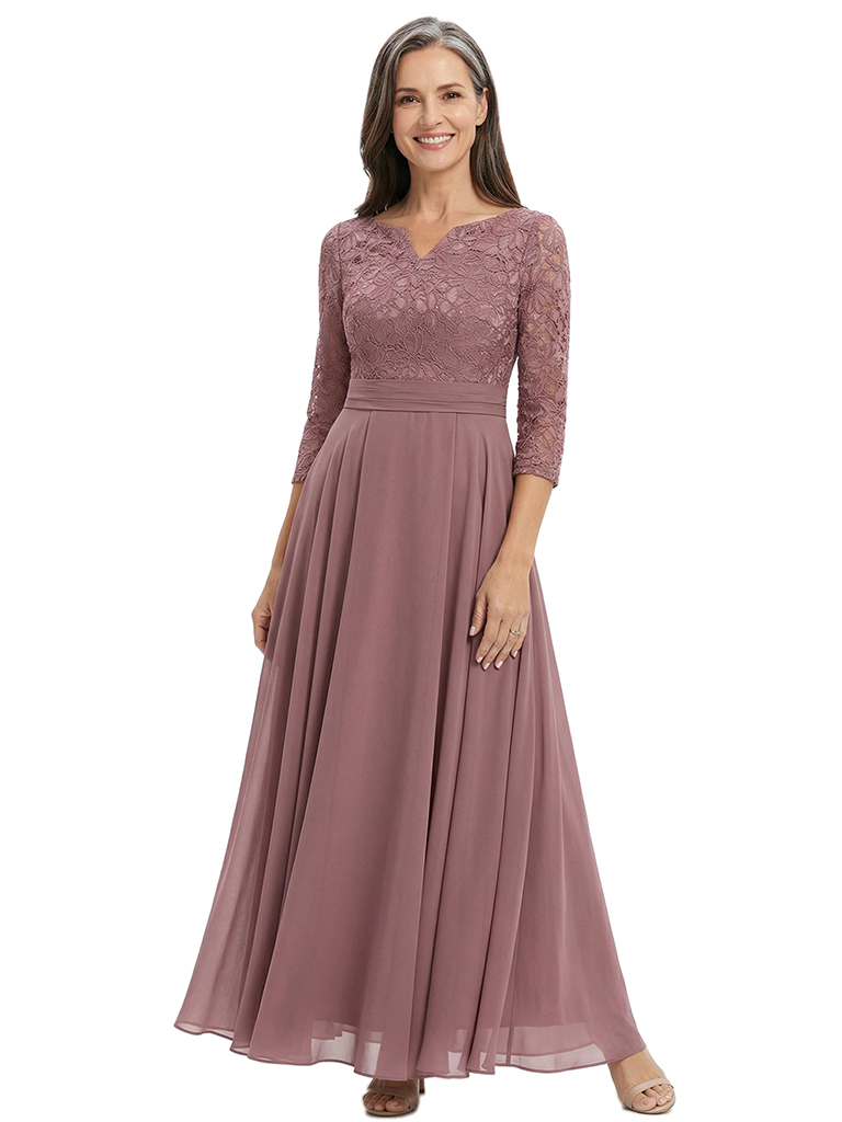 ChicSew V-Neck 3/4 Sleeve Embroidered Lace Ruched Waist A-Line Chiffon Mother of the Bride Dresses