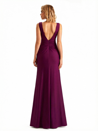 Elegant V-neck Sleeveless Side Slit Jersey Mermaid Floor Length Evening Formal Dresses