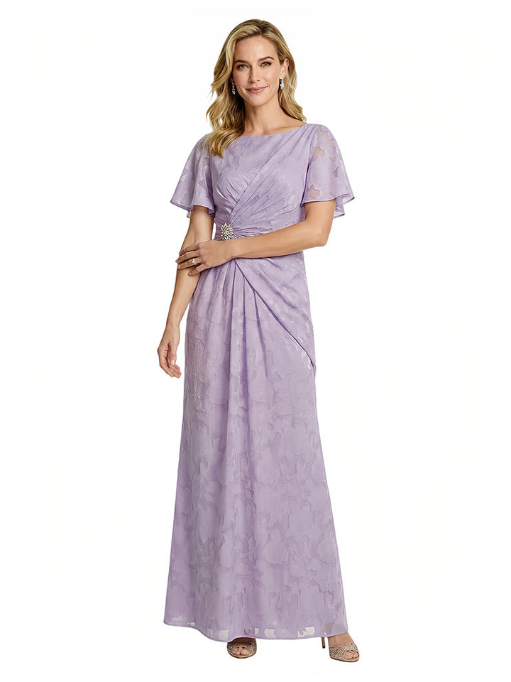 Elegant Flutter Sleeves Ruching Floral Burnout Chiffon A-line Formal Evening Dresses