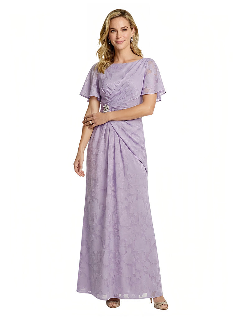 Elegant Flutter Sleeves Ruching Floral Burnout Chiffon A-line Formal Evening Dresses