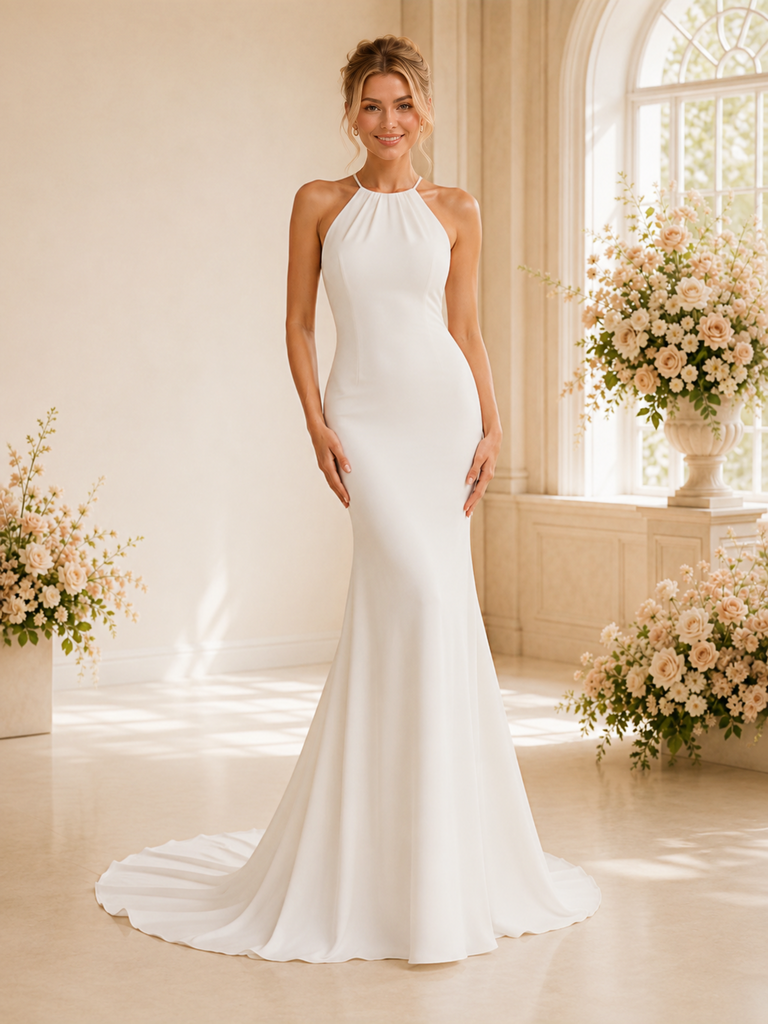 ChicSew Elegant Halter Sleeveless Mermaid Crepe Floor-Length Wedding Dress