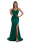 Sexy Halter V-Neck Mermaid Ruched Satin Long Bridesmaid Dresses Side Split