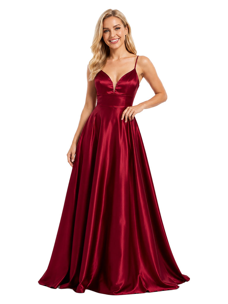 ChicSew Spaghetti Straps V-Neck Open Back Soft Satin A-Line Sexy Long Bridesmaid Dress