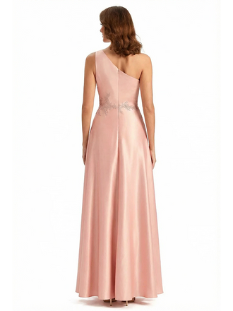 Sexy One Shoulder Ruffle Side Slit A-Line Ruched Satin Long Formal Dresses For Women