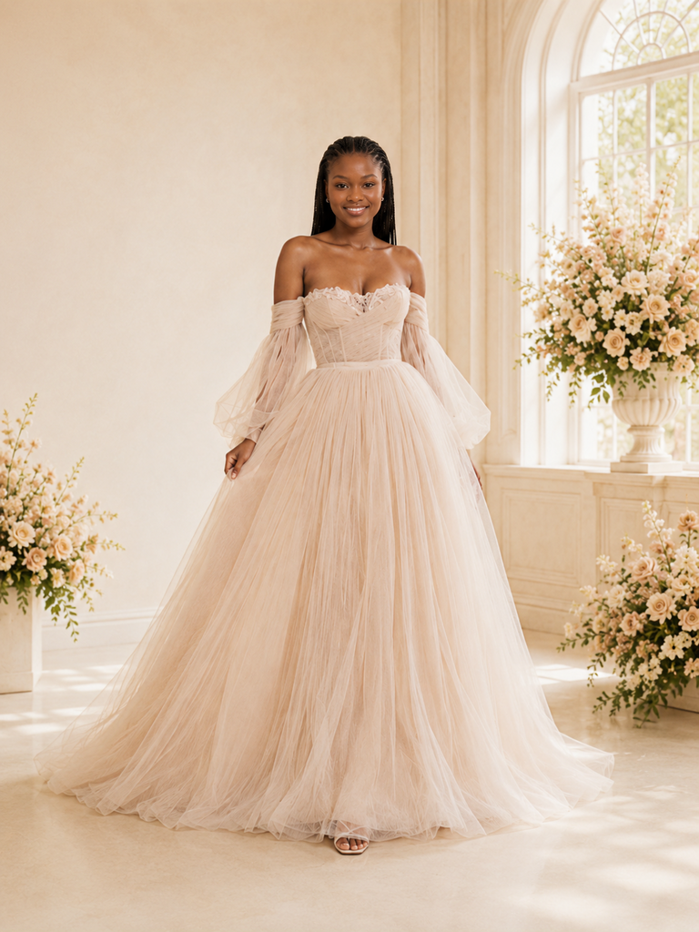 ChicSew Unqiue Modern Sweetheart Long Sleeves A-Line Tulle Maxi Wedding Dress