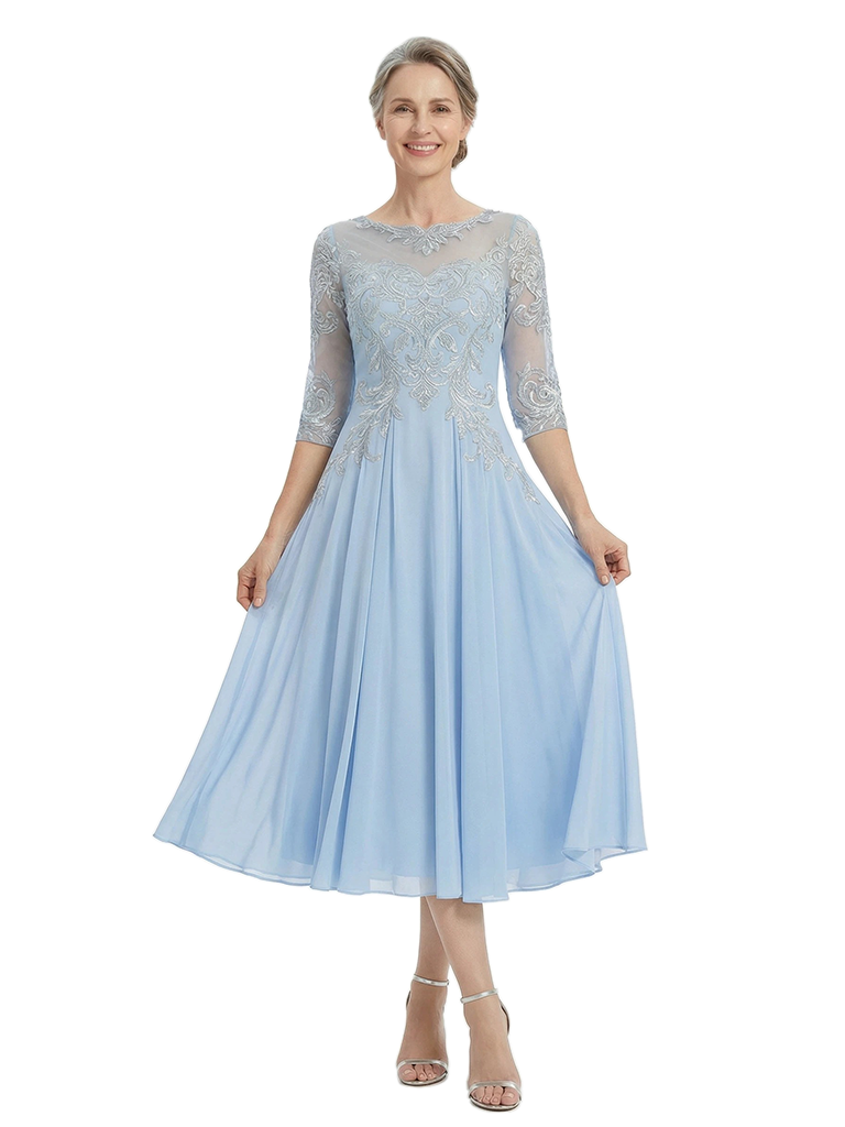 ChicSew Modern Tea-Length Mother Of The Bride Dress Chiffon A-Line With Illusion Lace Bodice