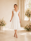 ChicSew Elegant V-Neck Chiffon Cap Sleeves Lace A-Line Tea-Length Wedding Dresses