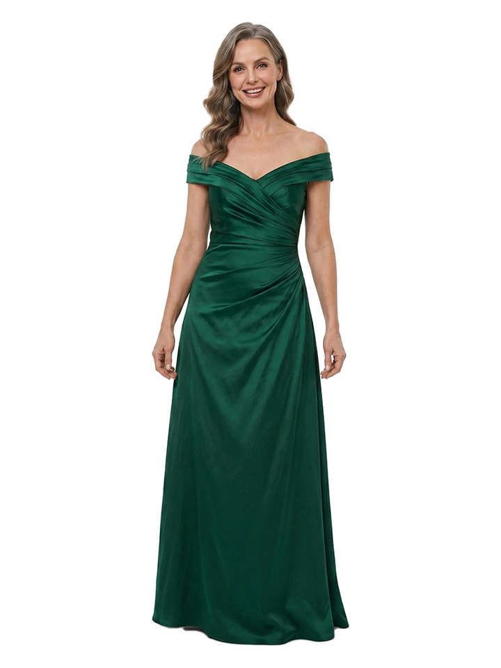 ChicSew Off The Shoulder Floor-Length Ruched A-Line Satin Mother Of The Groom Dresses Classic Fit