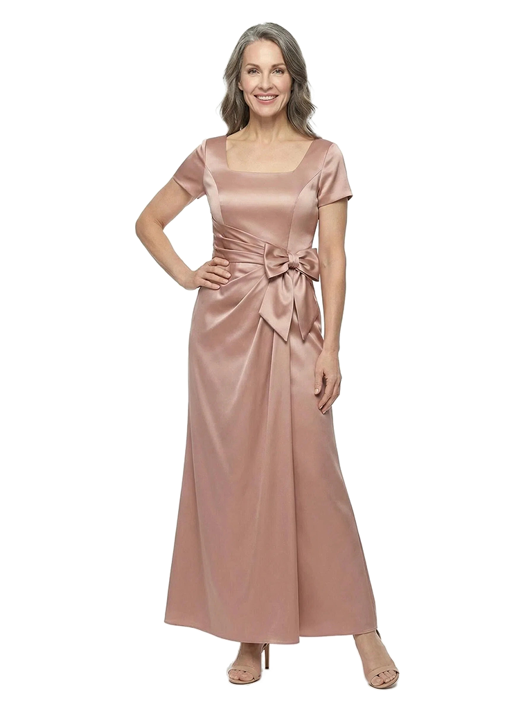 ChicSew Fancy Square Short Sleeves Ruched Bow Knot Satin Mermaid Mother Of The Groom Evening Gowns