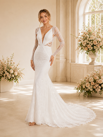 ChicSew Modern Deep V-Neck Lace Mermaid Long Sleeves Wedding Dresses With Train