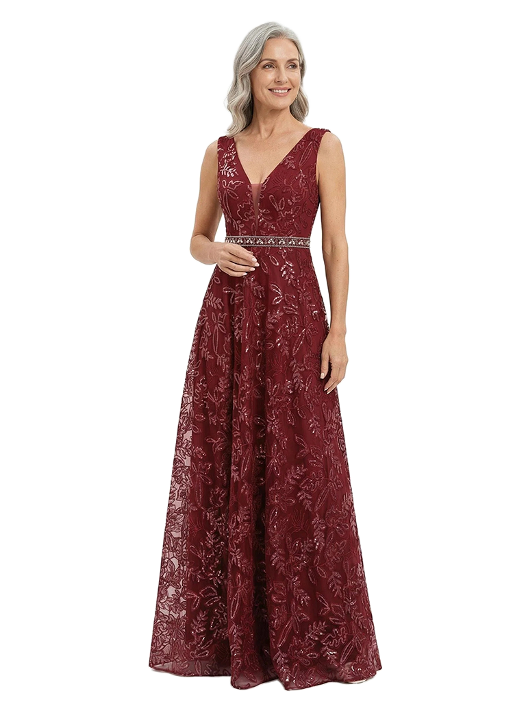 ChicSew V-Neck Sequins Lace Applique Beaded Waist Floor Length Chiffon Formal Gown Mother Of The Bride Dresses