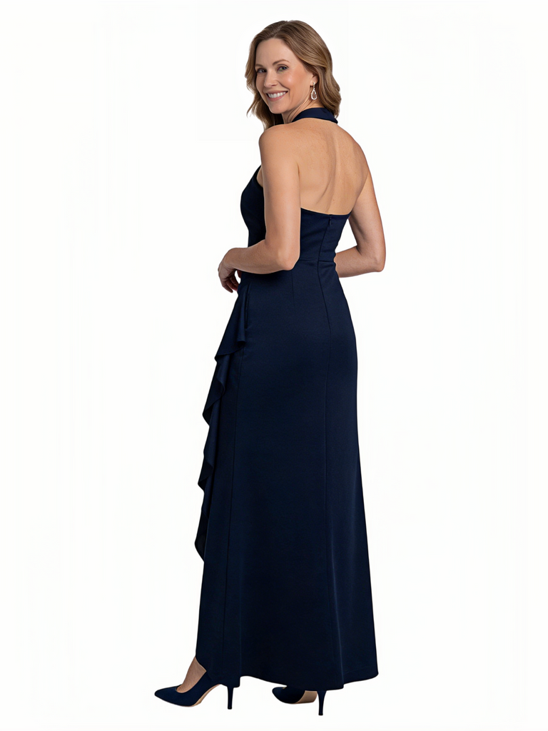 Chicsew Halter Sleeveless Ruched A-Line Ankle Length Satin Ruffle Detail Sophisticated Mom Of The Groom Dresses