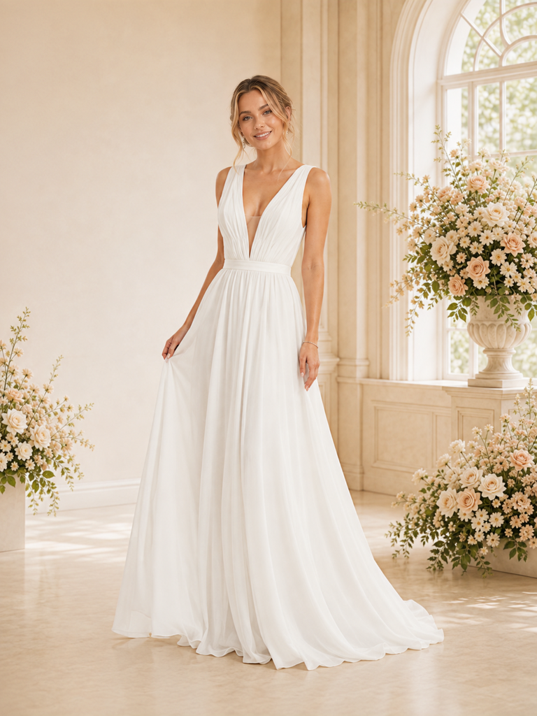 ChicSew Elegant Spaghetti Straps V-Neck Sleeveless A-Line Chiffon Floor-Length Wedding Dress