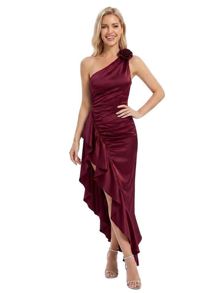ChicSew Fancy One Shoulder Soft Satin Mermaid Asymmetric Bridesmaid Dresses With Ruffled