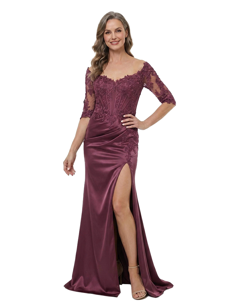 ChicSew Half Sleeve Lace Applique Satin Floor Length Mermaid Elegant Mother of the Bride Dress