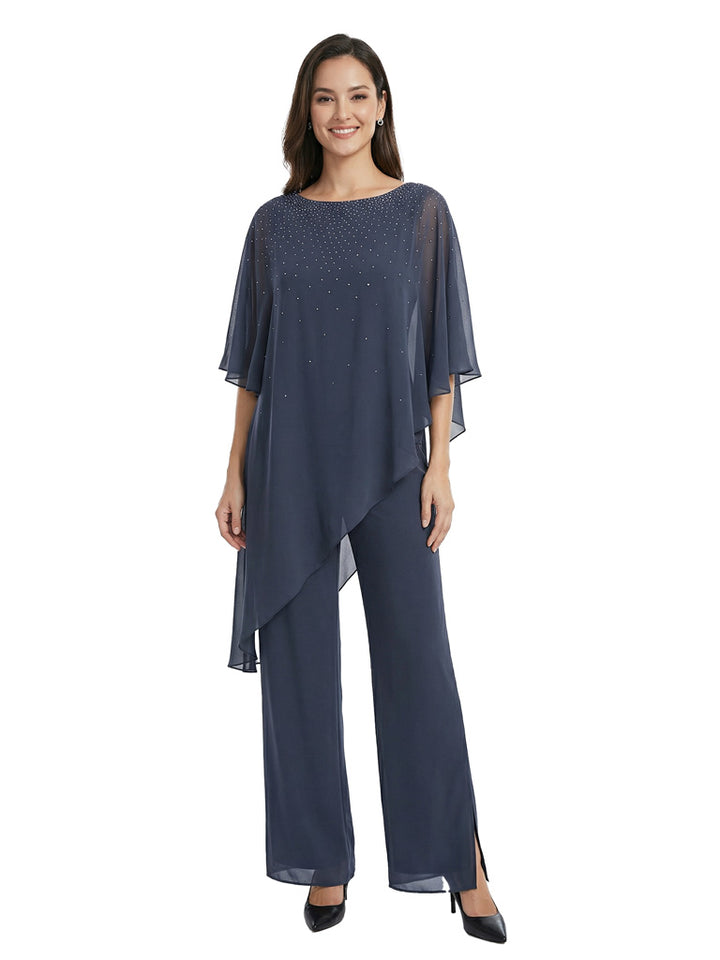 Modern Beaded Half Sleeves Asymmetric Chiffon Pantsuits For Mother Of The Bride