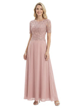 Mother of The Groom Dress Jewel Short Sleeves A-Line Floor-Length Chiffon Gown