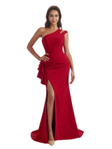 Sexy Mermaid Side Slit One Shoulder Crepe Long Bridesmaid Dress For Wedding