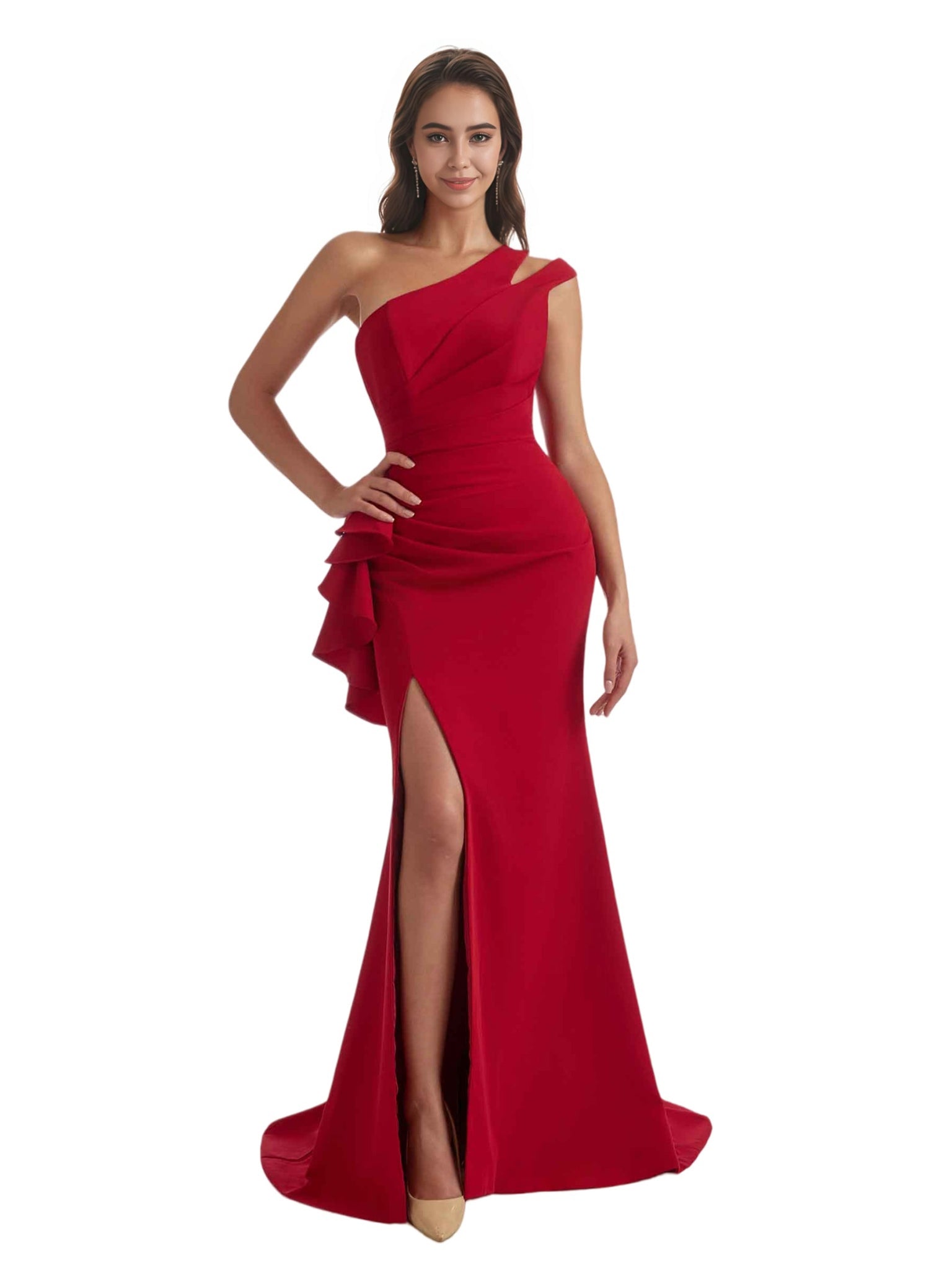Sexy Mermaid Side Slit One Shoulder Crepe Long Bridesmaid Dress For Wedding